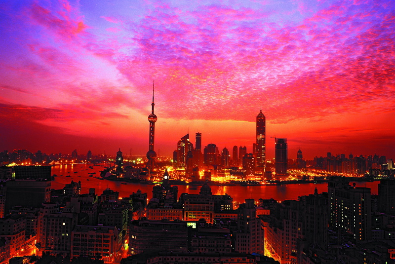spire, skyscraper, purple, sunset, tall - high, aerial, architecture, city, no people, orange color, modern, financial district, illuminated, Shanghai