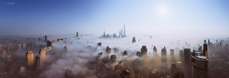 heights, 2K, cityscape, ultra-wide, Sun, mist, Shanghai, skyscraper, sky