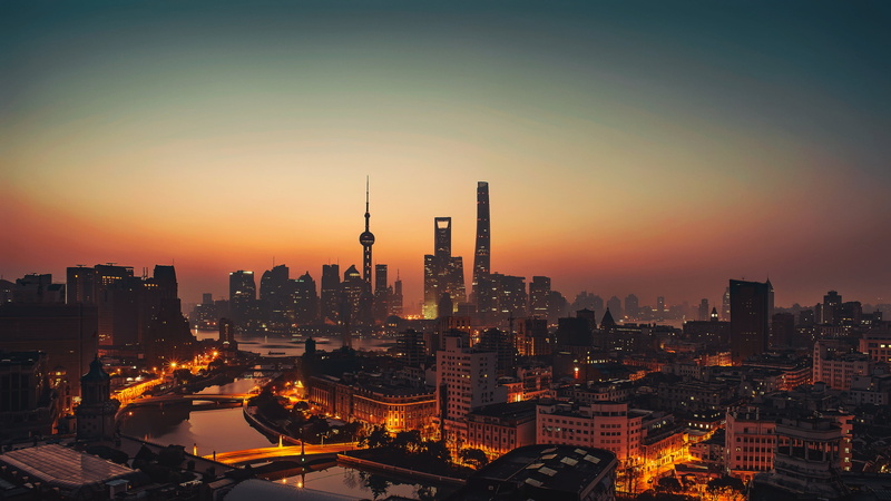 spire, 4K, photography, landscape, sunlight, no people, office building exterior, built structure, illuminated, city, cityscape, Shanghai, modern, outdoors