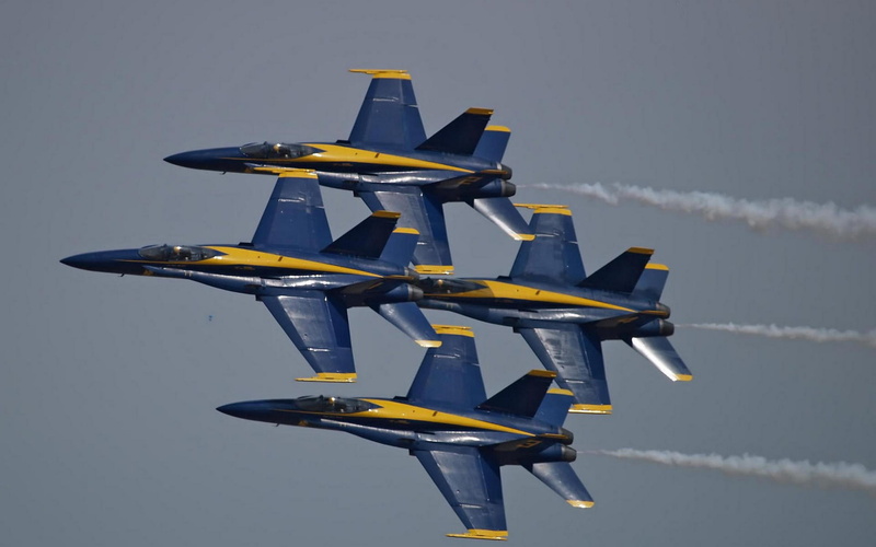 black, airplane, airshow, yellow, air vehicle, aircraft, fighter plane, mid-air, military airplane, transportation, motion, plane, Blue Angels, day, army