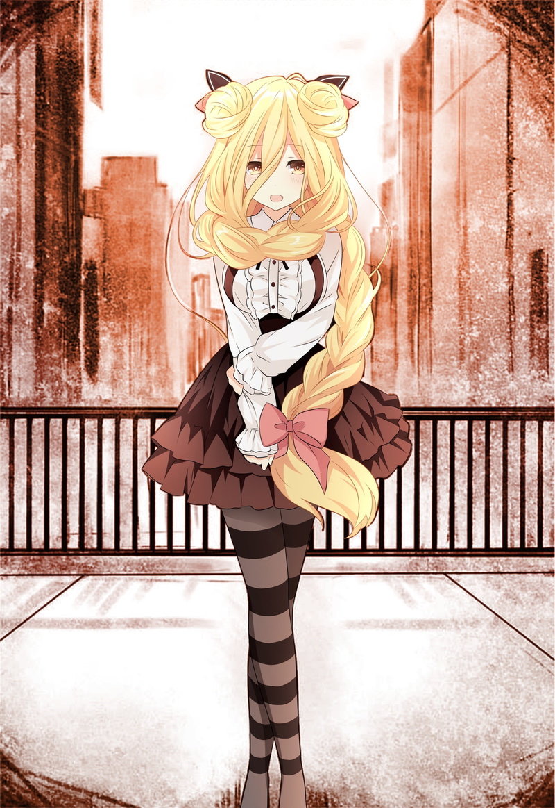 one person, clothing, anime, adult, representation, stockings, long hair, arms raised, blonde, 2K, creativity, dress, building exterior, city, front view