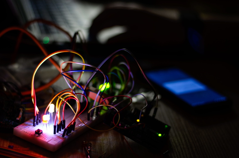 illuminated, dark, tech, electronics, programming, communication, glowing, computer, night, 4K, technology, developing, electricity, power supply, wires