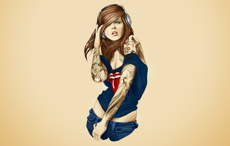 sleeveless, long hair, headphones, holding, beige background, young women, The Rolling Stones, simple background, indoors, casual clothing, tattoo, 1080P