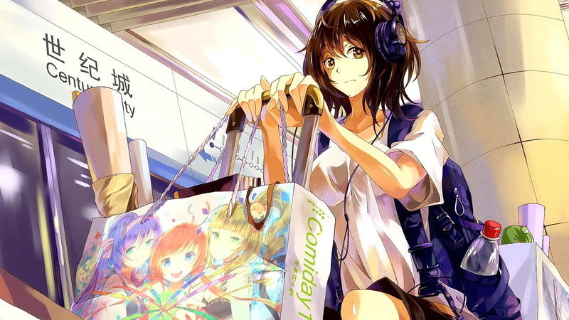 anime girls, looking at viewer, 1080P, brunette, anime, short hair, headsets