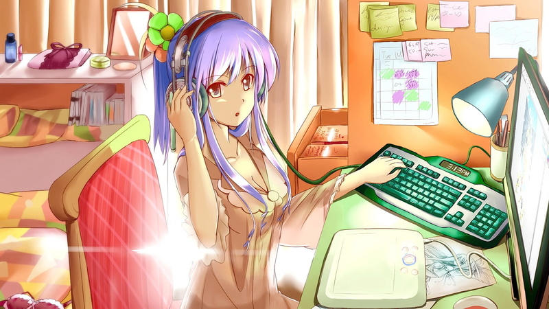 connection, occupation, anime girls, desktop pc, headset, indoors, wireless technology, open mouth, original characters, listening, computer monitor, 1080P