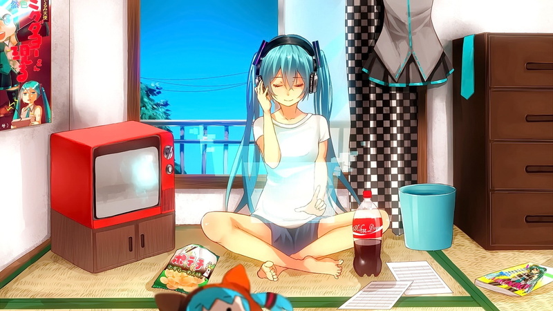 long hair, 1080P, Hatsune Miku, anime, sitting, headsets, barefoot, smiling, Vocaloid, aqua hair, closed eyes, anime girls