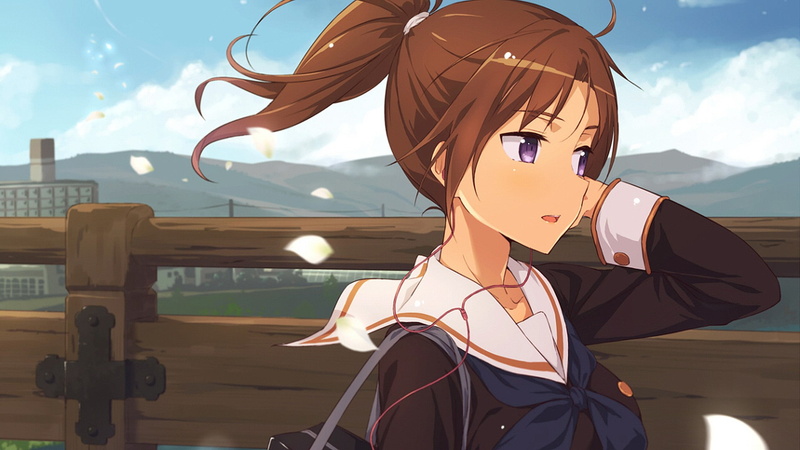 school uniform, brunette, open mouth, 1080P, anime girls, mountains, clouds, headsets, sky, Hibike! Euphonium, looking away, long hair, anime, purple eyes