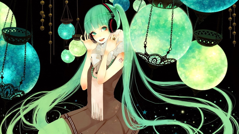 green eyes, green hair, women, young women, real people, headsets, anime girls, clothing, long hair, illuminated, hairstyle, looking at viewer, one person