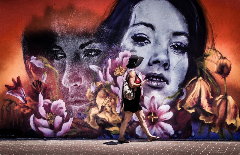 horror, digital composite, indoors, public, female likeness, spooky, wall, portrait, people, celebration, representation, sidewalk, evil, art and craft