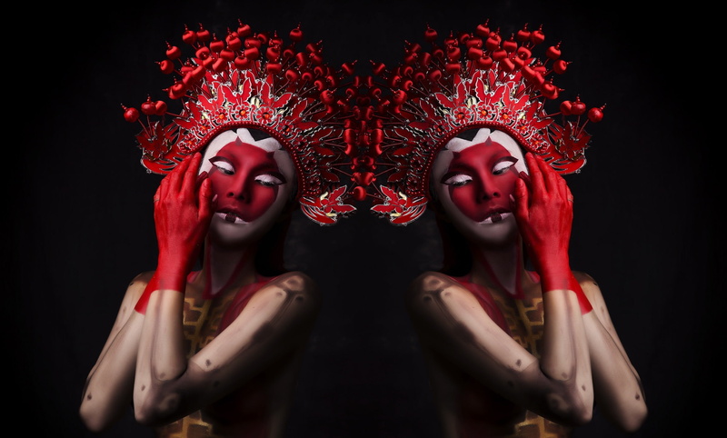 human face, beauty, hand, people, looking at camera, females, human hand, black background, young women, indoors, mask, women, red, human arm, fashion