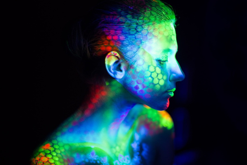 blue, dark, projection, indoors, neon colored, young adult, multi colored, beauty, hairstyle, beautiful woman, colorful, portrait, illuminated, women, face