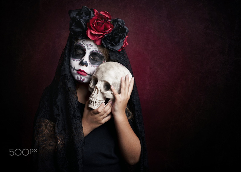 500px, simple background, Dia de los Muertos, skull, makeup, 1080P