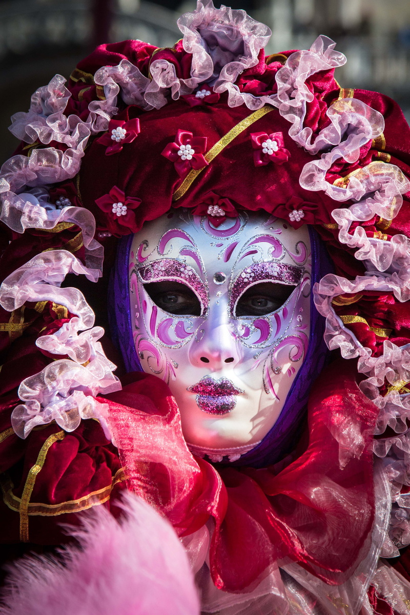portrait, traditional clothing, flower, shallow, mask, 5K, close-up, venetian, halloween, celebration, one person, venice, people, carnival, person, day