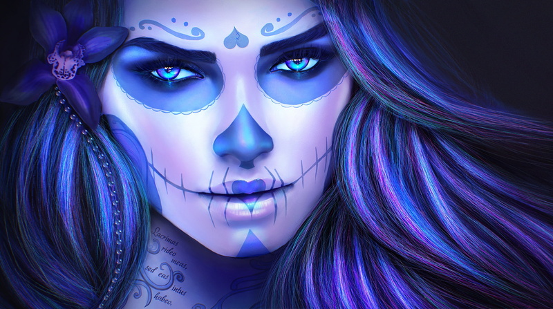 1080P, Day of the Dead, Woman, Purple, Artistic, Girl, Sugar Skull, Tattoo