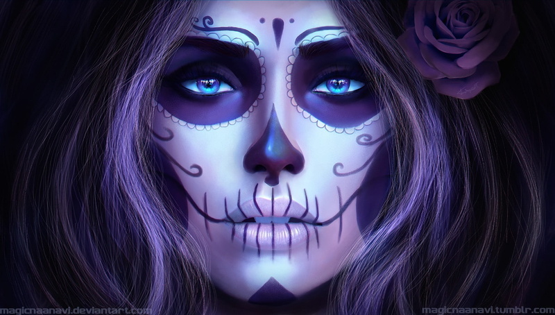costume, females, black background, caucasian Ethnicity, one Person, face Paint, face, creativity, human body part, studio shot, portrait, fantasy, Sugar Skull