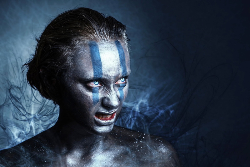 human face, demon - fictional character, 1080P, contemplation, make-up, face paint, one person, black background, photo manipulation, body part, studio shot