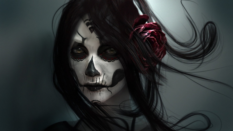 red, wind, make-up, body paint, studio shot, beautiful people, human body part, young adult, digital art face rose dark hair looking at viewer skull artwork brown eyes women face paint sugar skull