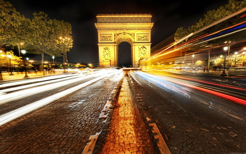 trees, lights, streets, beautiful, night, triomphe, france, arc de triomphe, arc, architecture, paris, monuments, 2K