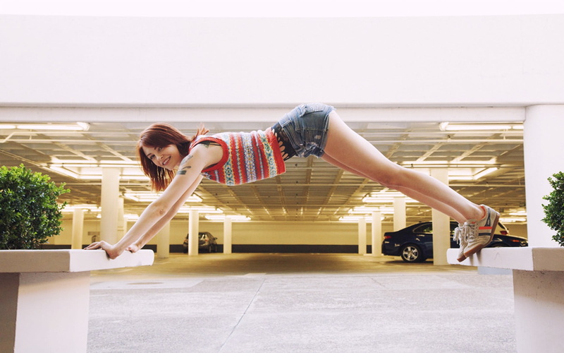 tattoo, bending, flexibility, young adult, balance, leisure activity, indoors, 1080P, model, lifestyles, short shorts, Bree Daniels, one person, casual clothing