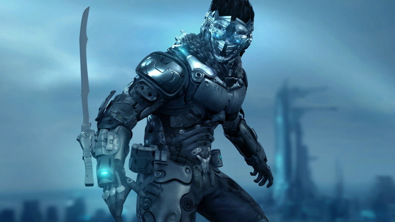 nature, mask, uniform, futuristic, technology, toy, military, movie, plastic, cyberpunk, warrior, blue, focus on foreground, sword, sky, close-up, government