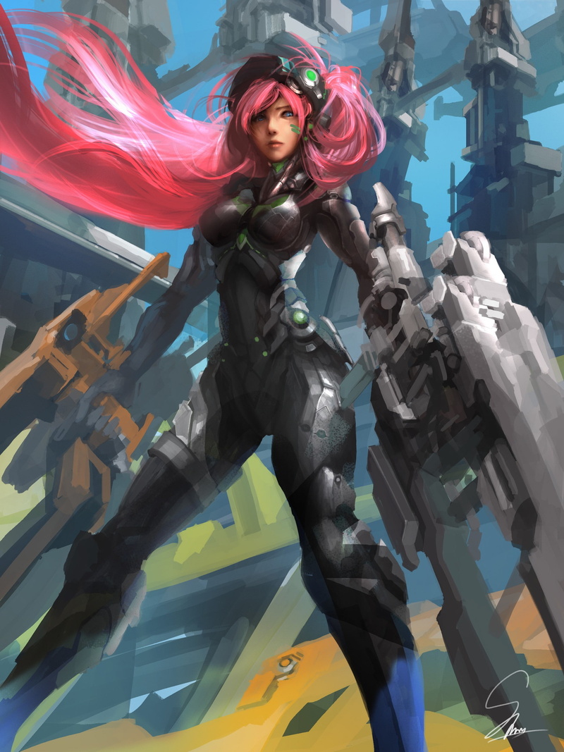 statue, one person, gun, architecture, human representation, standing, 2K, nature, futuristic, fantasy art, day, Shin Gurren, girls with guns, armor, low angle view