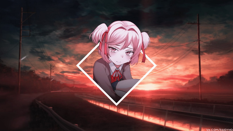 anime girls, one person, real people, disguise, nature, representation, portrait, Doki Doki Literature Club, pink color, sunset, sky, picture-in-picture