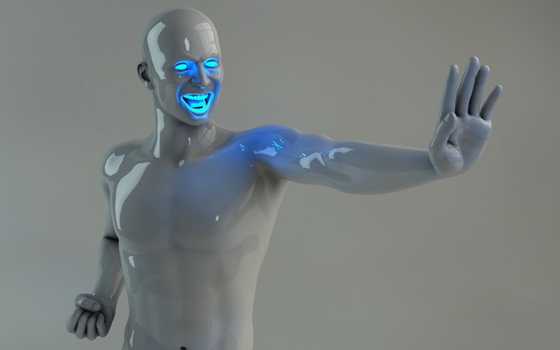 blue, gesture, indoors, cyborg, men, male likeness, technology, copy space, futuristic, front view, robot, people, neon, body, illustration, three Dimensional