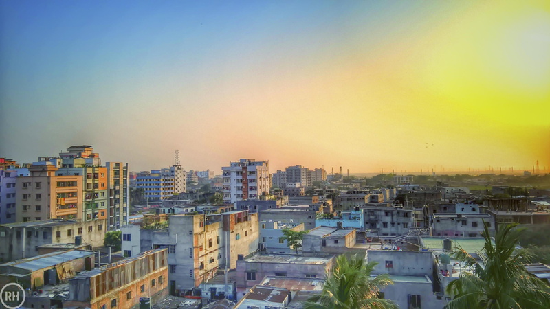 sunlight, dhaka, buildings, outdoors, city, cityscape, settlement, building exterior, no people, high angle view, apartment, sky, yellow, 4K, trees, skyscraper