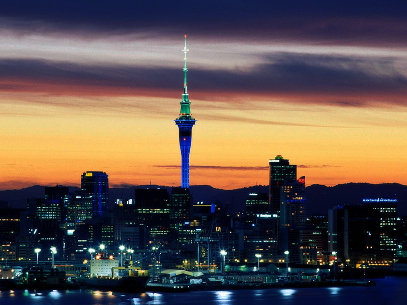 architecture, sunset, town, global communications, office building exterior, modern, travel, tower, building exterior, lights, illuminated, New Zealand