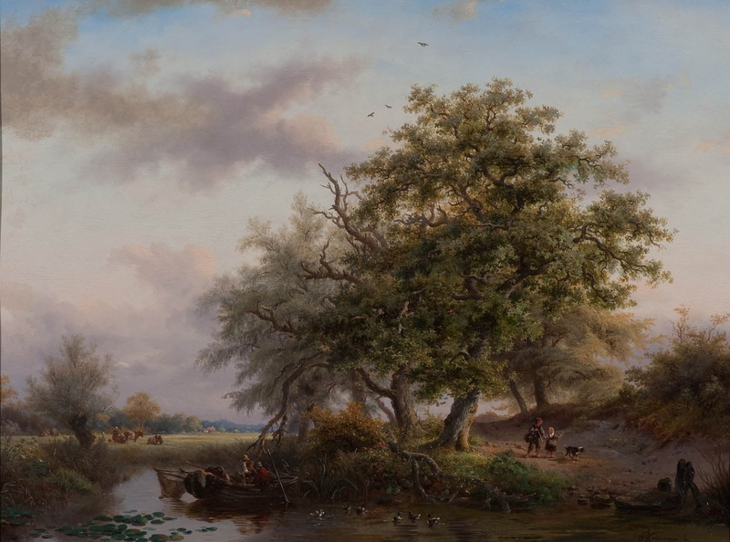trees, non-urban scene, 720P, lily pads, environment, painting, growth, outdoors, white, cow, beauty in nature, tree, day, boat, sky, landscape, classic art