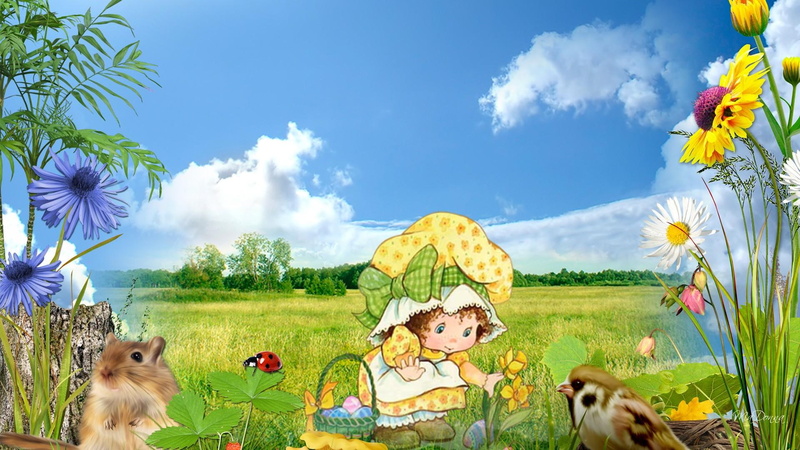 lady bug, bird, hunt, 1080P, easter, field, green, eggs, painting, flowers, grass, egg, wearing, sitting, cloud, squirrel, floral, white, sweet, flower