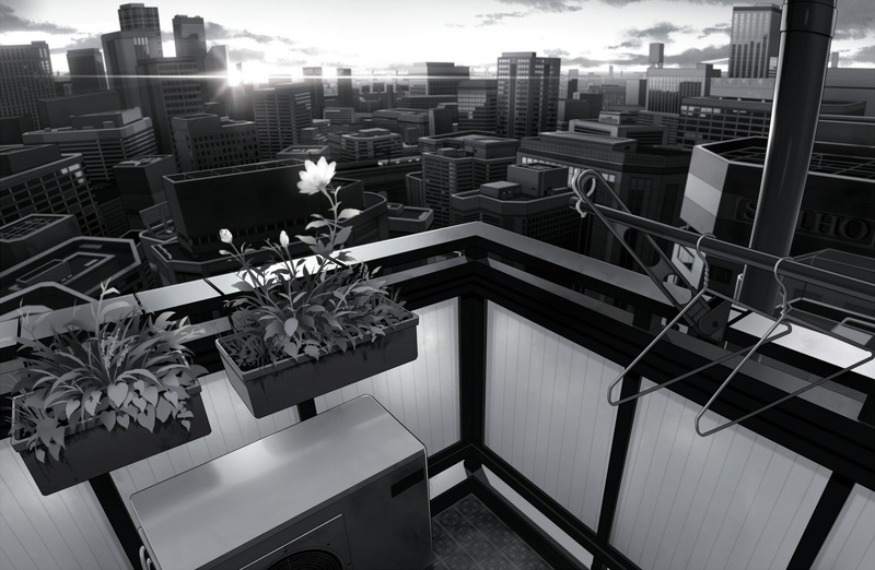 no people, artwork, monochrome, flower, nature, balcony, anime, built structure, city, building, residential district, skyscraper, potted plant, roof, architecture