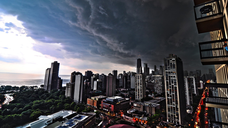 sky, overcast, storm, Chicago, 1080P, clouds, balcony, cityscape