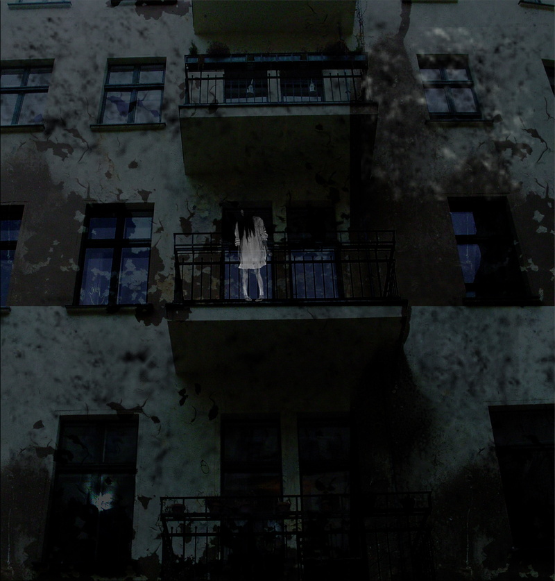 balcony, outdoors, deterioration, weathered, built structure, dress, digital art, demolished, women, 2K, ruined, residential district, dark, city, window
