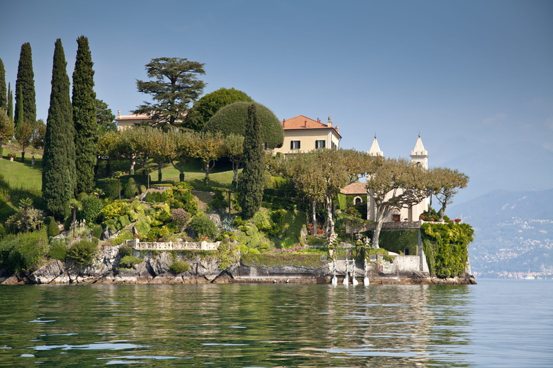 no people, sky, water, castle, nature, plant, building, clear sky, park, lake, palace, como lake, outdoors, italy, tree, waterfront, building exterior