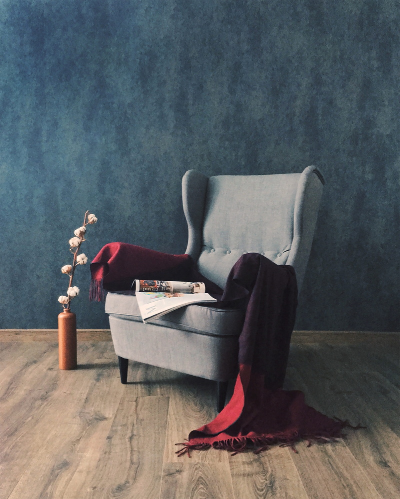 wing, easy, classic, lifestyles, top, rustic, one person, beautiful woman, suede, cosily, floor, sitting, grey, fashion, upholstered furniture, scarf, full length