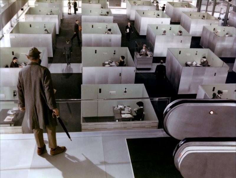 leisure activity, architecture, women, standing, desk, movies, Jacques Tati, rear view, men, wooden, indoors, black, real people, lifestyles, domestic room