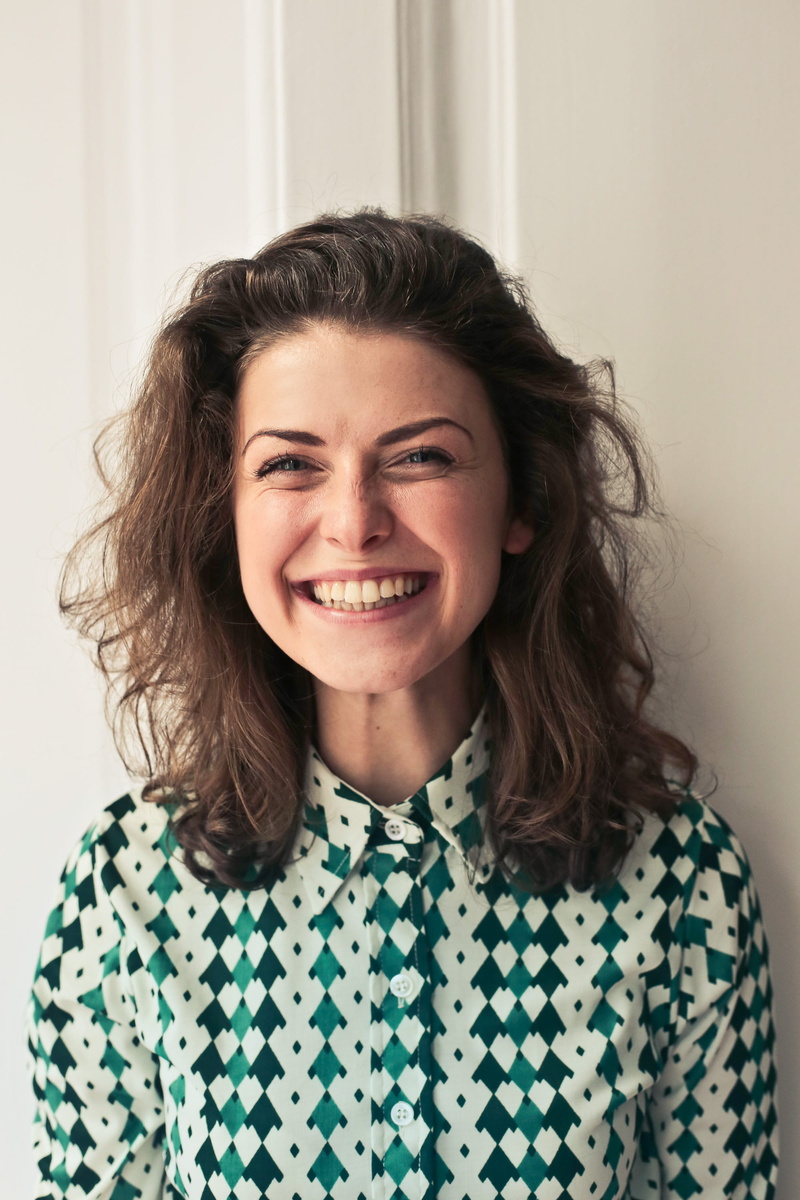 laugh, Indoors, collared, Girl, collared shirt, seen, women, 30-35 years, inside, hairstyle, young, front view, adult, Home, Smiling, headshot, shirt, white