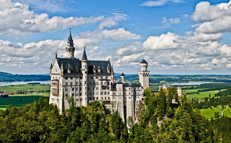 bavaria, tower, religion, architecture, building, marienbrucke, place of worship, cloud - sky, Castle, outdoors, tree, belief, water, green color, no people