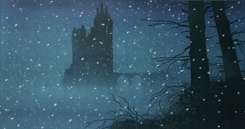 concept art, blizzard, built structure, extreme weather, architecture, no people, snowing, sky, low angle view, frozen, snowflake, winter, tree, bare tree
