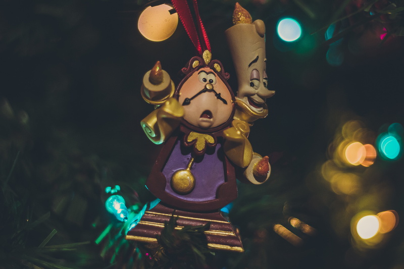 tree, toy, decor, illuminated, character, lumiere, celebration, beauty and the beast, male likeness, religion, baubles, figurine, christmas ornament, representation