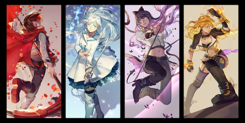 anime girls, warrior, weapon, ice, Ruby Rose (character), RWBY, fire, snow, hair bows, sword, Yang Xiao Long, 1080P, Blake Belladonna, collage, fantasy girl