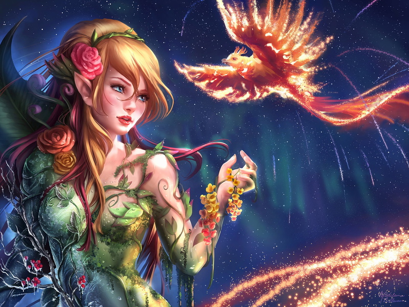 rose, stars, 1080P, девушка и феникс, madeleine bellwoar, фентези арт, рыжеволосая эльфийка, art fantasy, charm, lights, girl and phoenix, mystic, space
