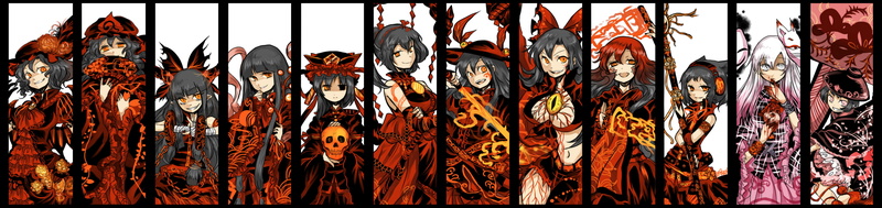 feathers, sword, 2K, group, horns, flowers, rose, touhou, hair, ponytail, red, staff, fan, bow, mask, hat, eyes, magic, bandage, chain, weapon, tattoo