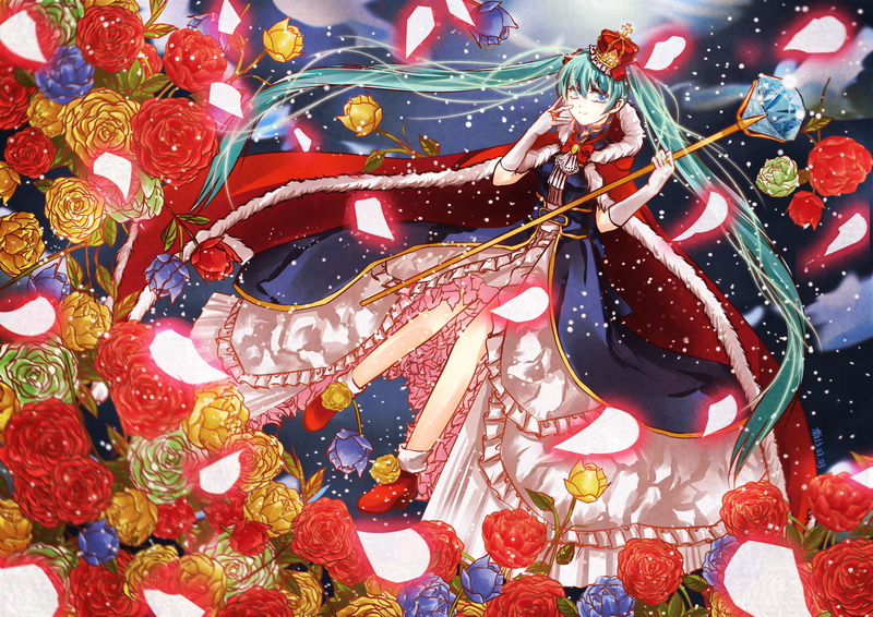 Hatsune Miku, snow, Vocaloid, 2K, rod, crown, crystal, crinoline, mantle, blue hair, magic, red roses