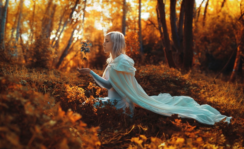 one person, full length, Autumn, adult, day, leisure activity, Magic, change, hairstyle, 1080P, s, real people, Forest, women, Girl, Color, beautiful woman