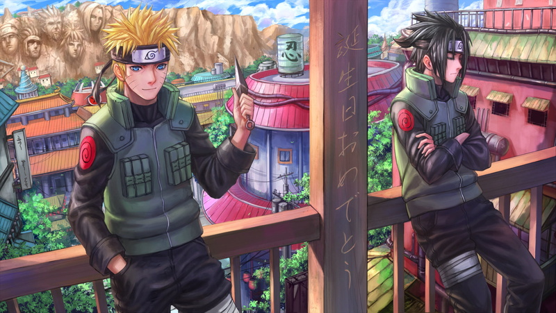 shippuden, city, eyes, sasuke, 1080P, uchiha, male, blue, hair, uniform, building, headband, black, ninja, blonde, naruto, uzumaki, zhouran, weapon