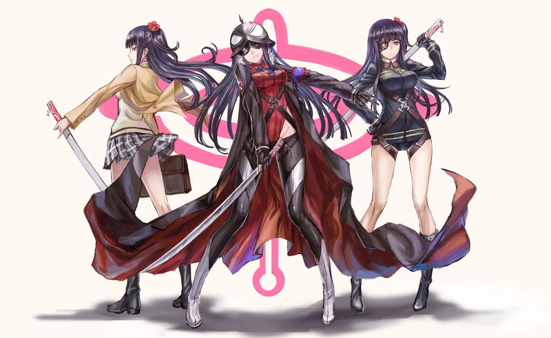 gloves, sekai, eyes, hat, plamja sama, red, sword, skirt, shikabane, eyepatch, itsuka, katana, hair, weapon, boots, zhouran, blue, seifuku, long, 1080P