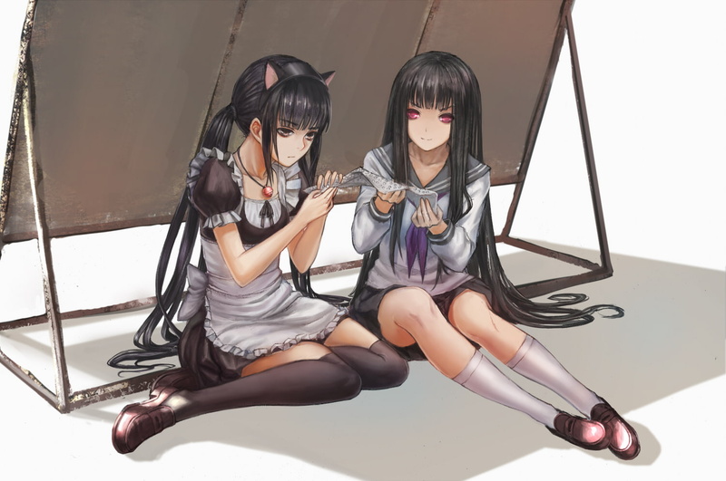 kneehighs, bell, ears, seifuku, brown, black, 720P, maid, zhouran, hair, thighhighs, long, apron, girls, red, original, eyes, animal