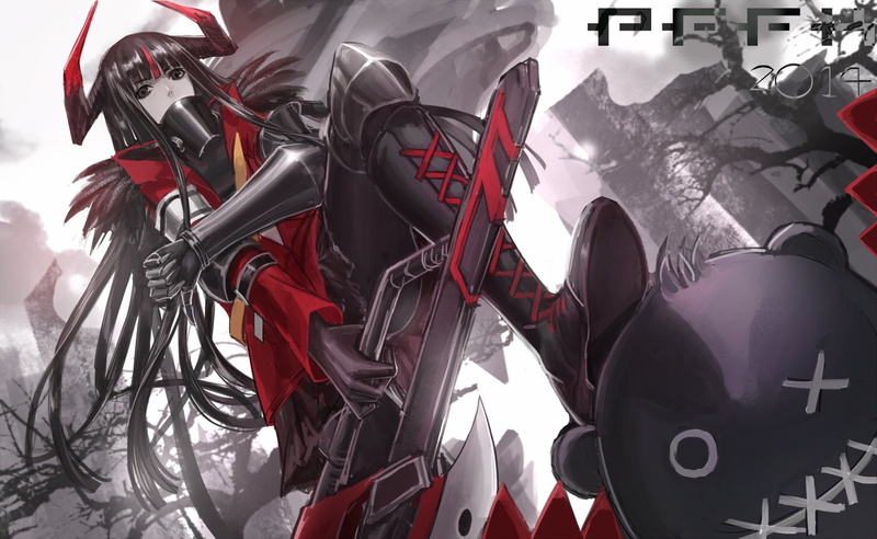 weapon, pixiv, fantasia, horns, 720P, zhouran, hair, eyes, boots, black, long, armor